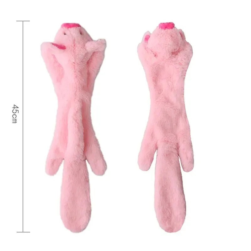 Pair of pink plush cat paws with measurements on a white background