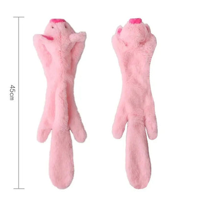 Pair of pink plush cat paws with measurements on a white background
