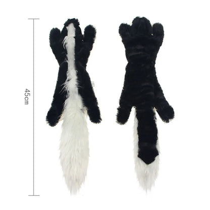 Black and white plush toy resembling skunk feet with measurement details on a white background