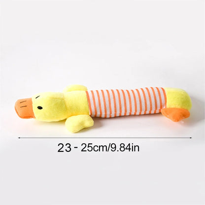 Plush toy with striped body and measurements on a white background