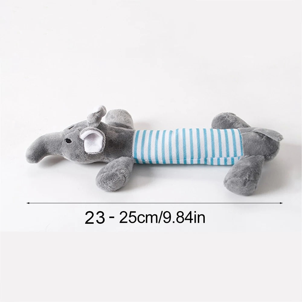 Gray elephant plush toy with a striped blue and white belly on a white background