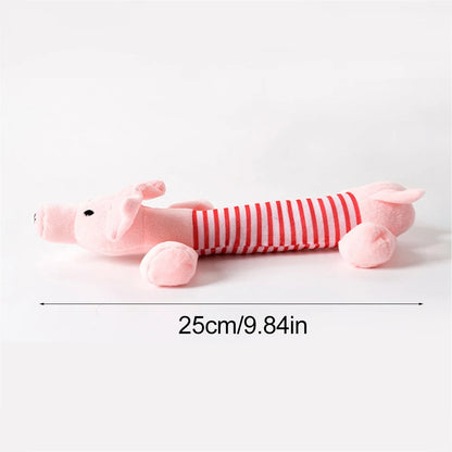 Pink and red striped dog toy on a white background with measurement text.