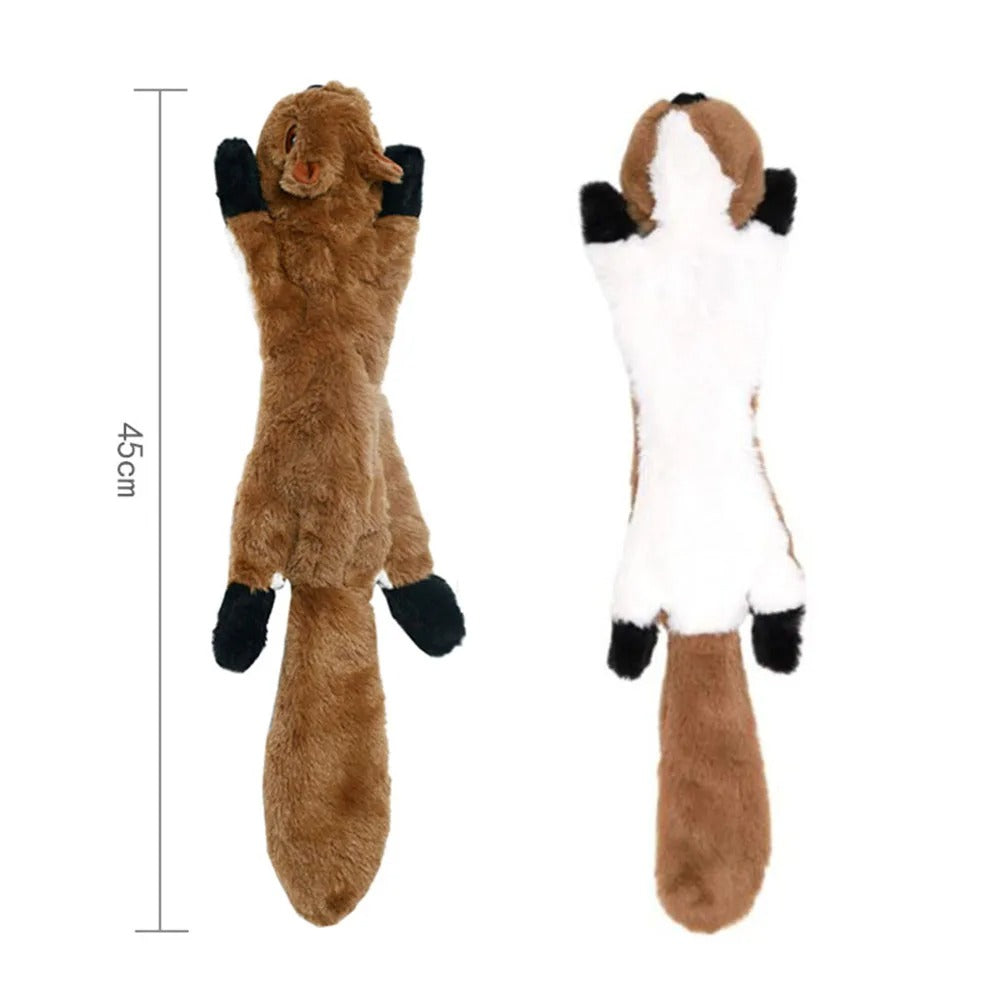 Two plush dog toys shaped like a sheep and a cow with measurements on a white background.