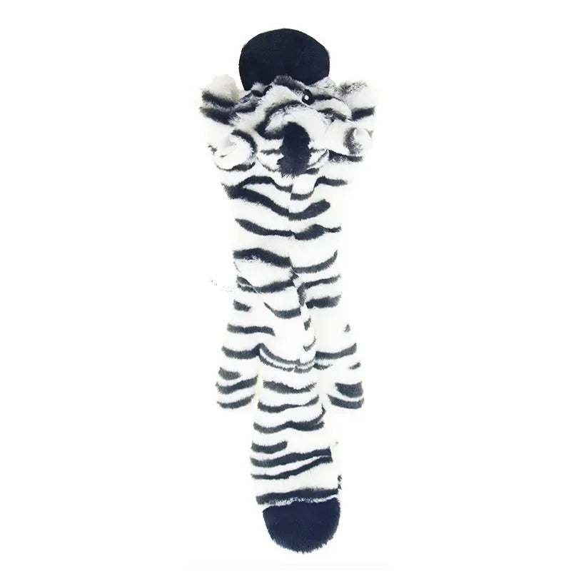 Plush zebra toy with a black hat on a white background