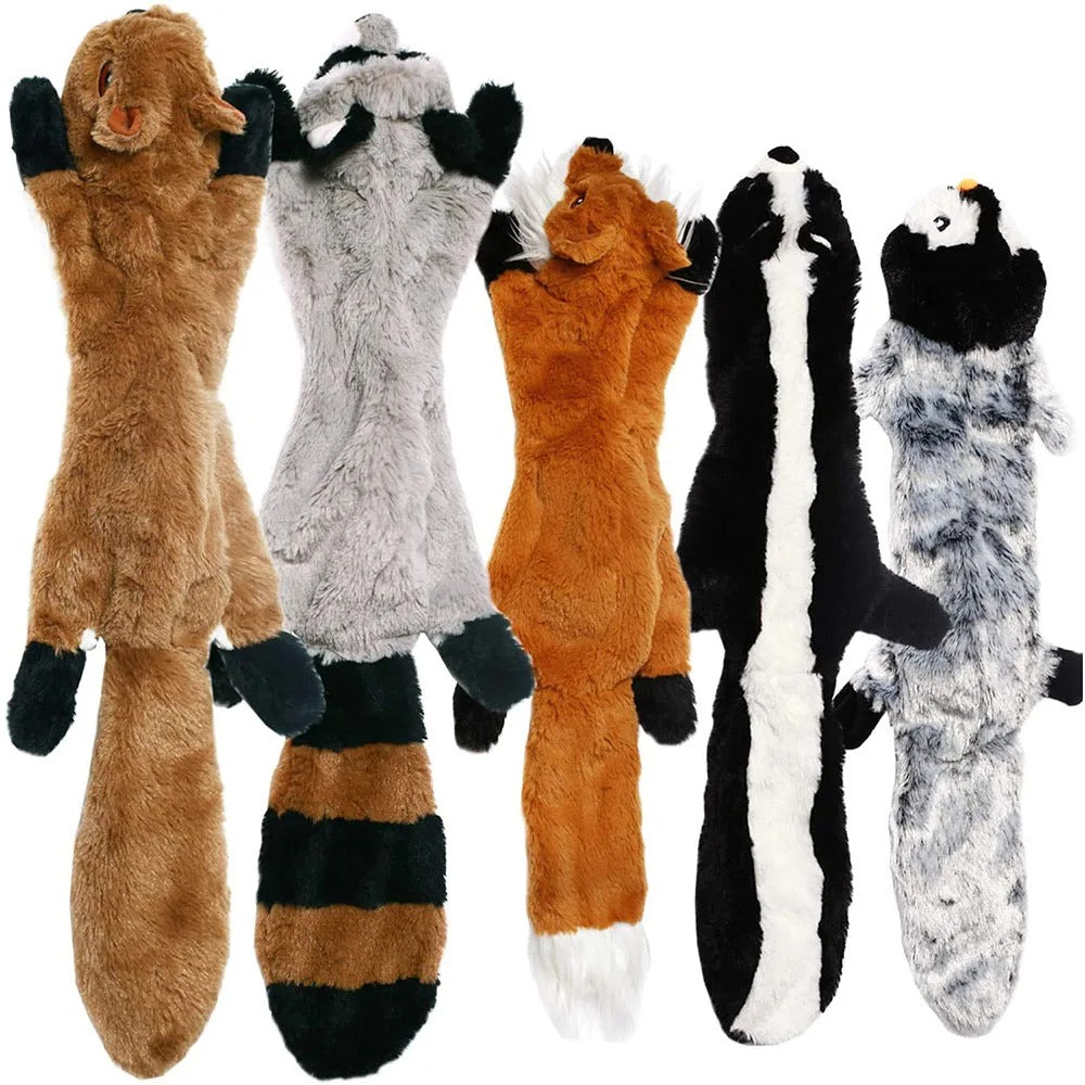 Set of five plush animal toys on a white background