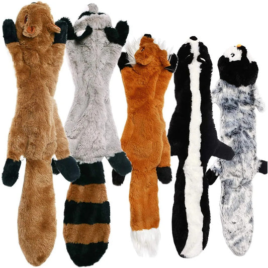 Set of five plush animal toys on a white background
