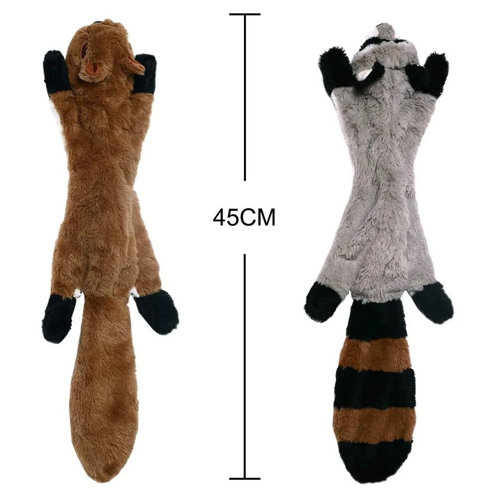 Two plush toys resembling a raccoon and a bear with measurements on a white background