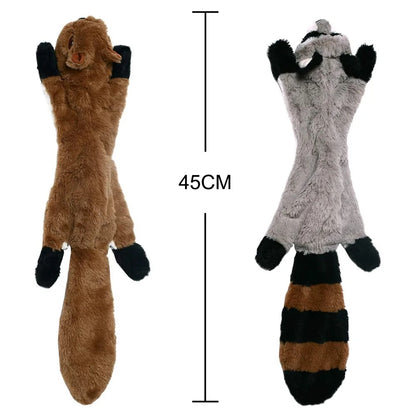 Two plush toys resembling a raccoon and a bear with measurements on a white background