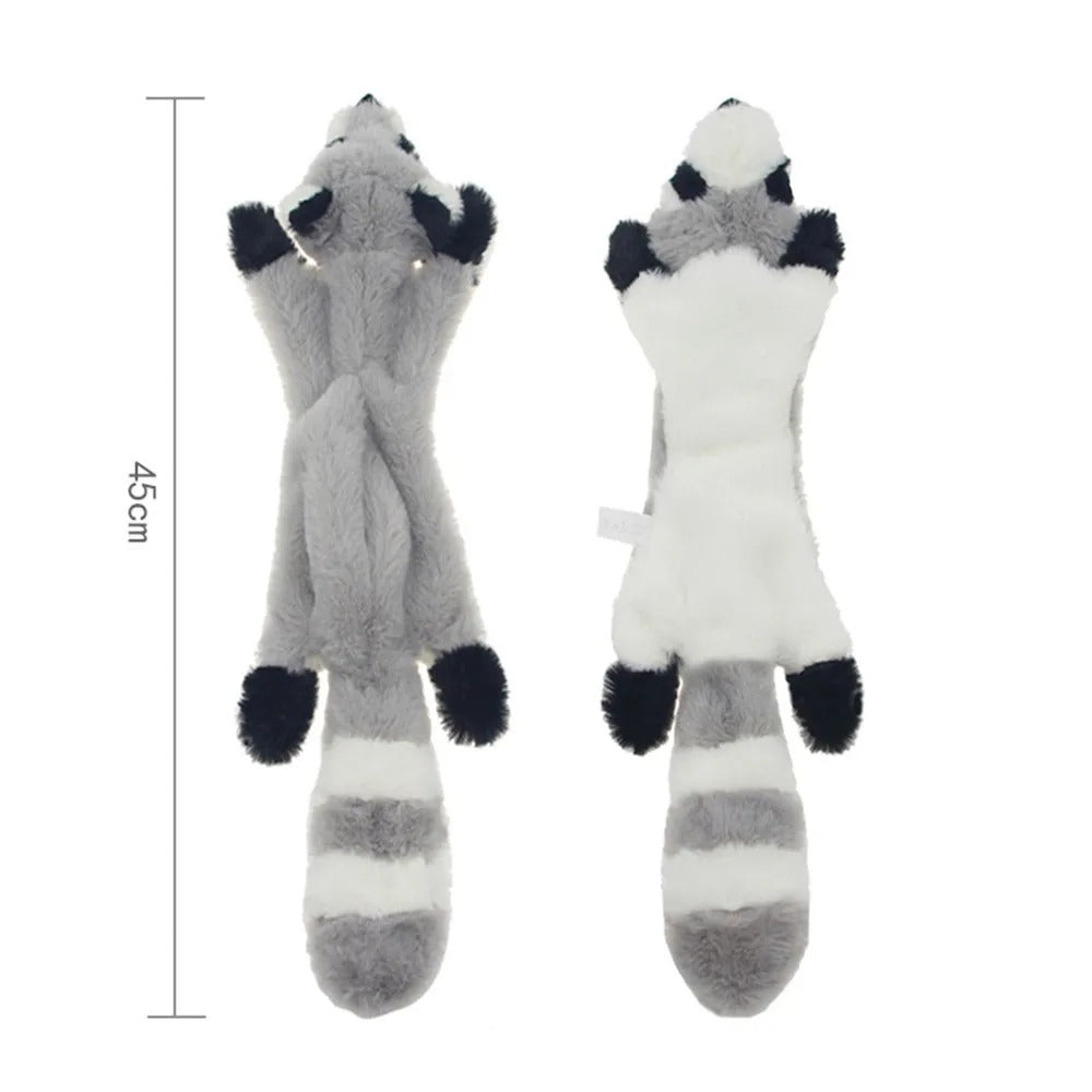 Two plush toys resembling raccoons with dimensions indicated on a white background