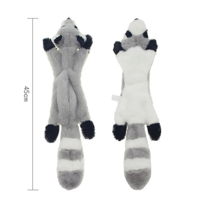 Two plush toys resembling raccoons with dimensions indicated on a white background