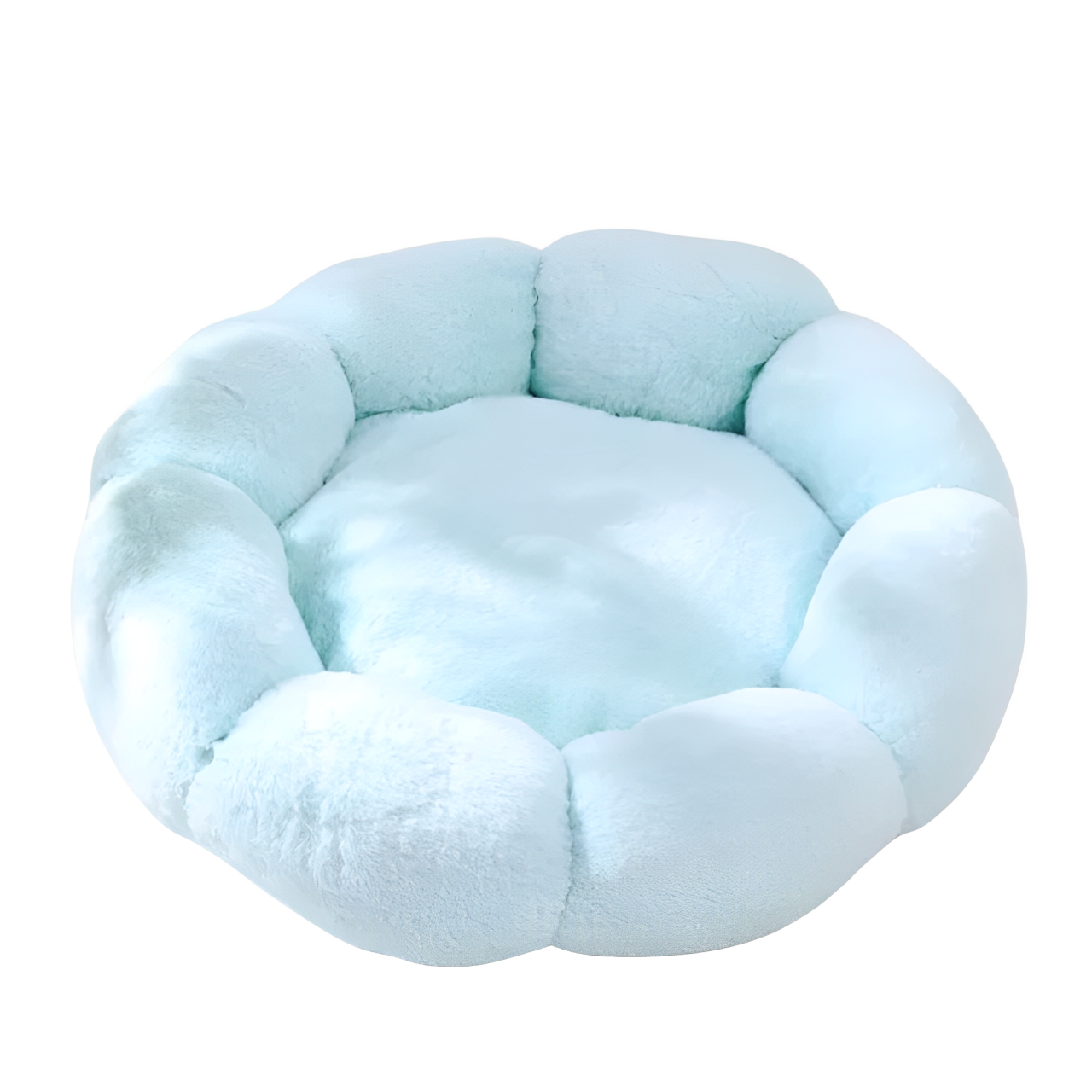 A blue flower-shaped plush soft bed on a white background.