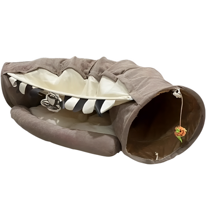 A brown Foldable Cat Tunnel With Washable Bed in a white background