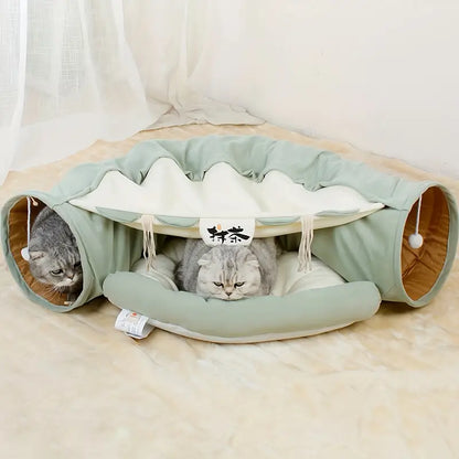 A green Foldable Cat Tunnel With Washable Bed and two cats inside
