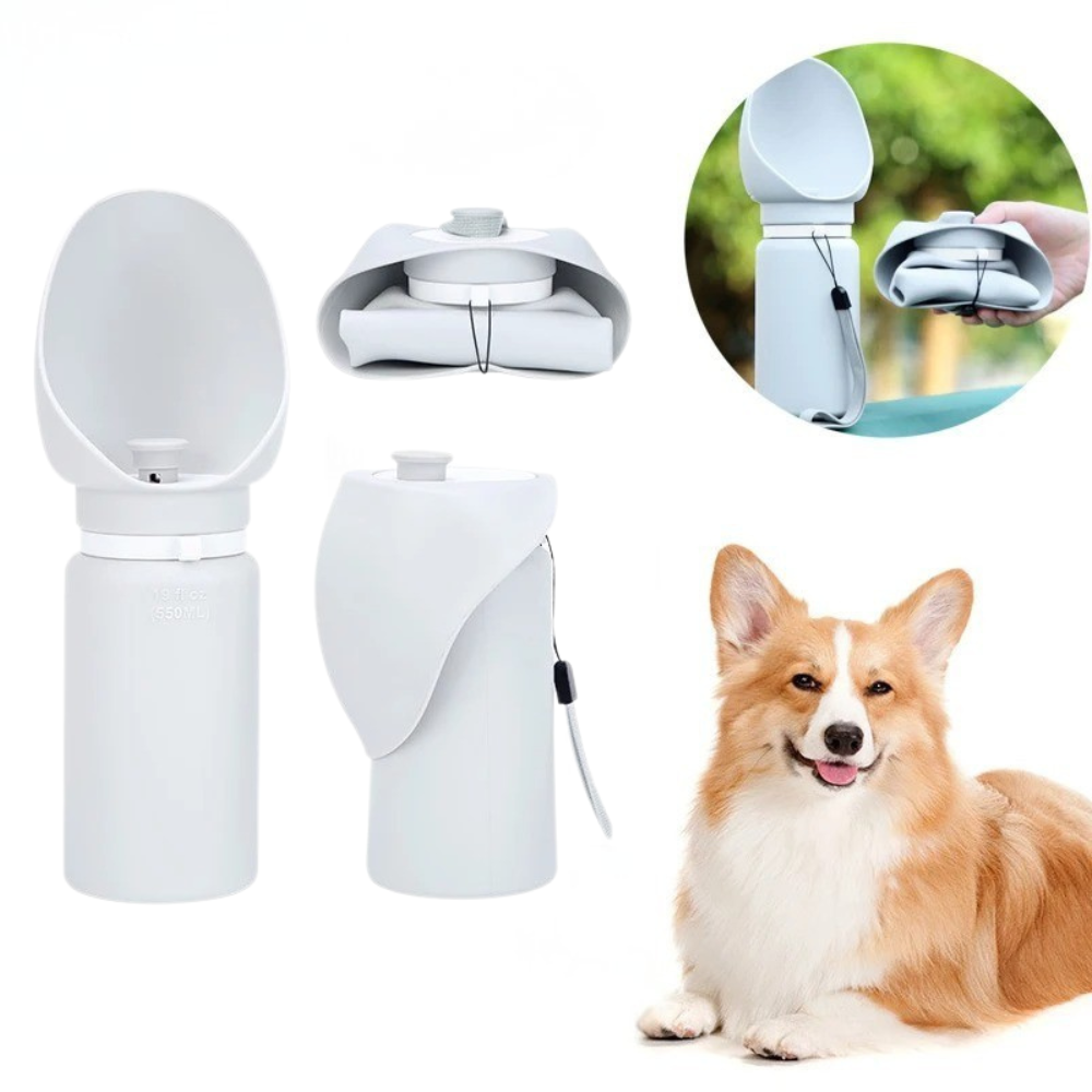 Pet waste bag dispenser with a dog sitting next to it on a white background