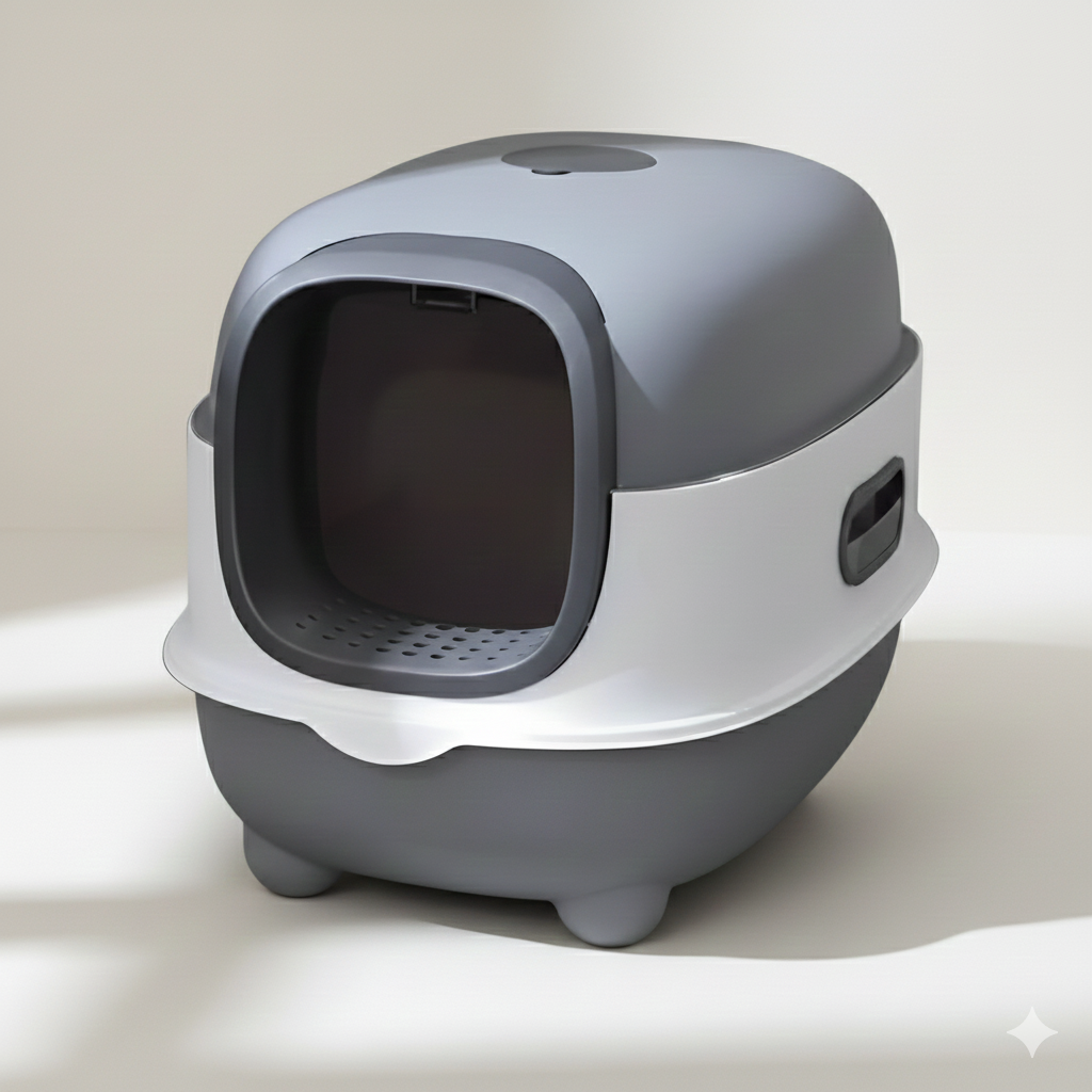Gray and white pet litter box on a light background