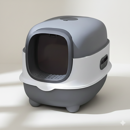 Gray and white pet litter box on a light background