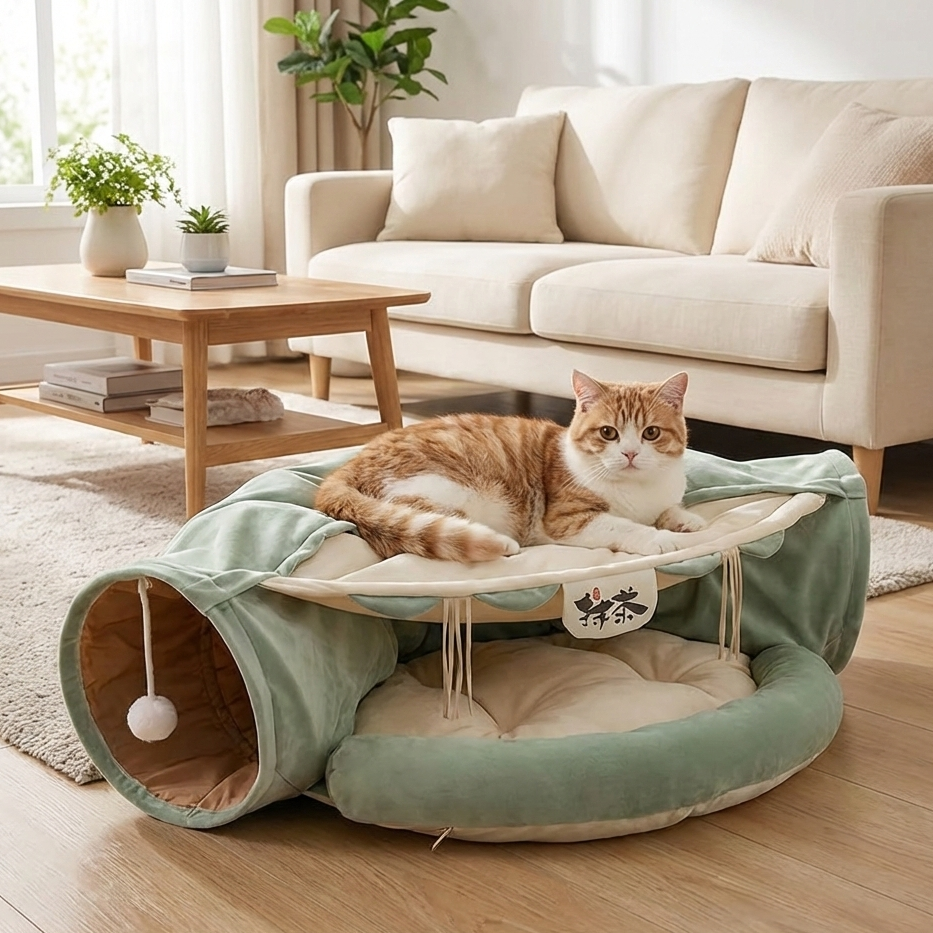 Cat lying on a green pet bed with tunnel in a living room