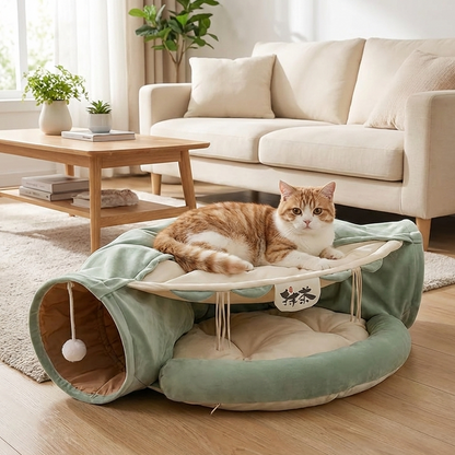 Cat lying on a green pet bed with tunnel in a living room