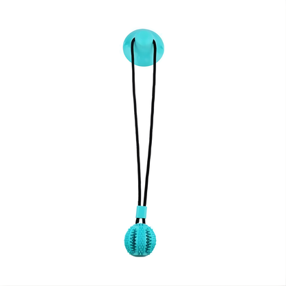 Teal ball with a black string on a white background