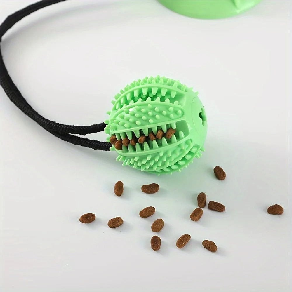 Green pet toy with a black rope and scattered treats on a white surface