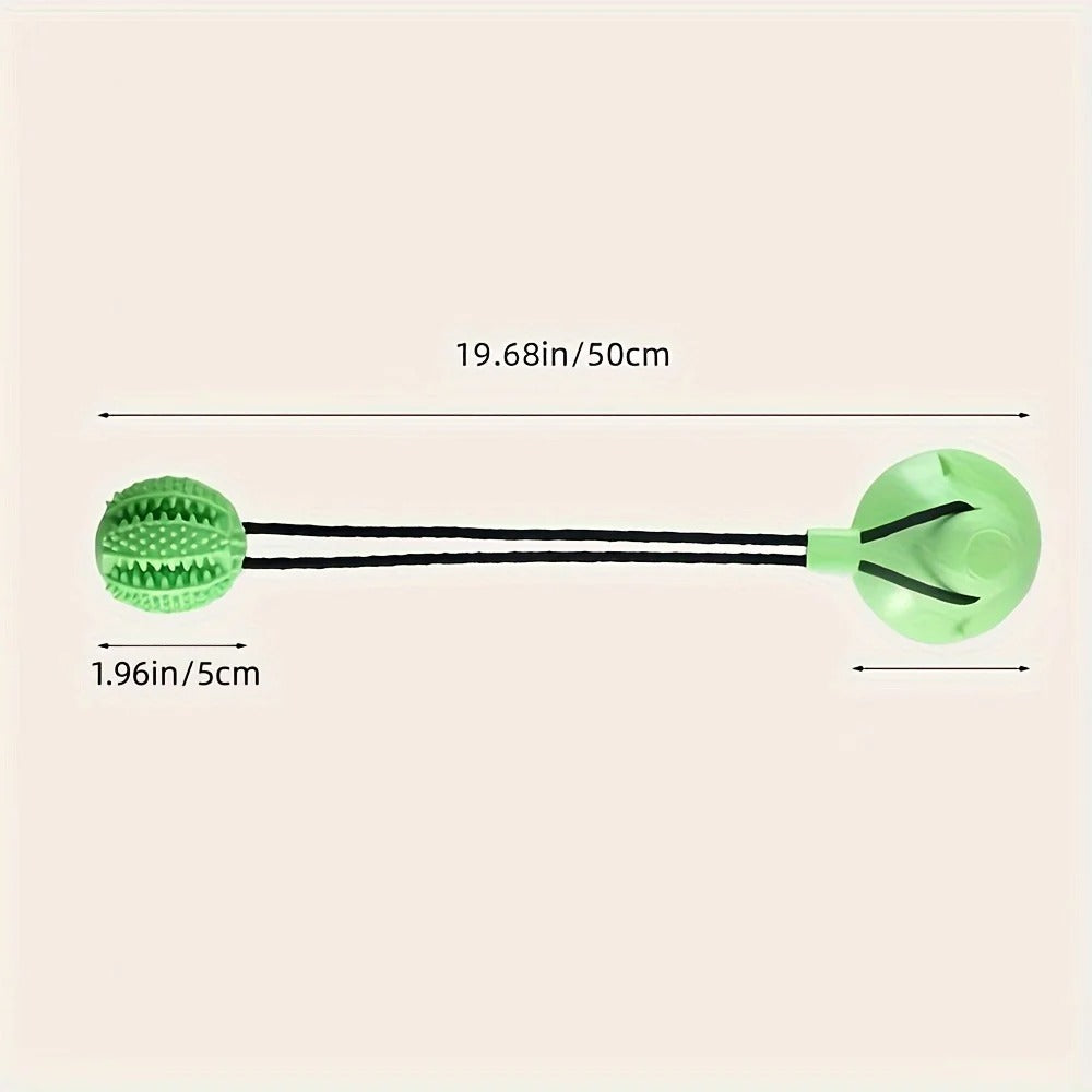 Measurement chart showing dimensions of a green ball with a black handle on a beige background