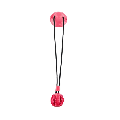 Pink dog toy with a black string on a white background