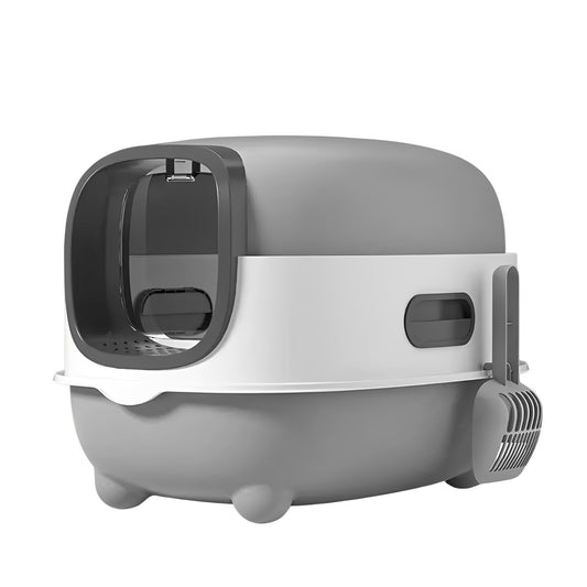 Gray and white cat litter box on a white background