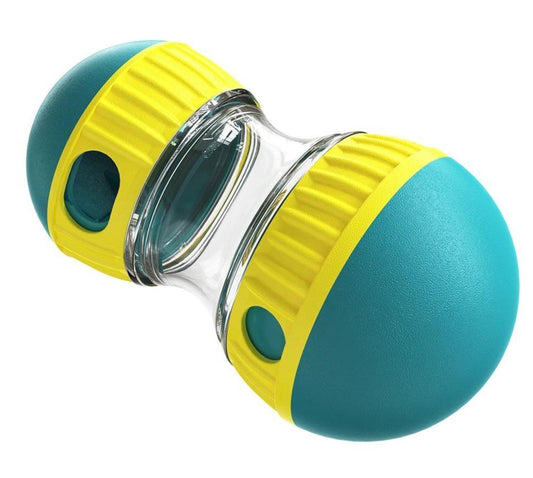 Two-toned green and yellow dumbbell-shaped container on a white background