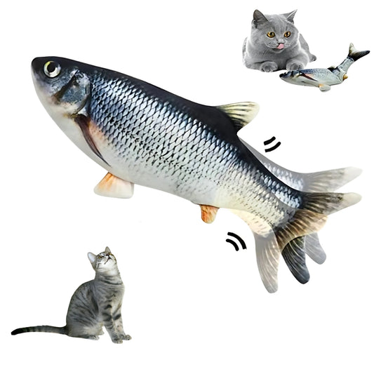 Cat playing with a fish-shaped toy on a white background