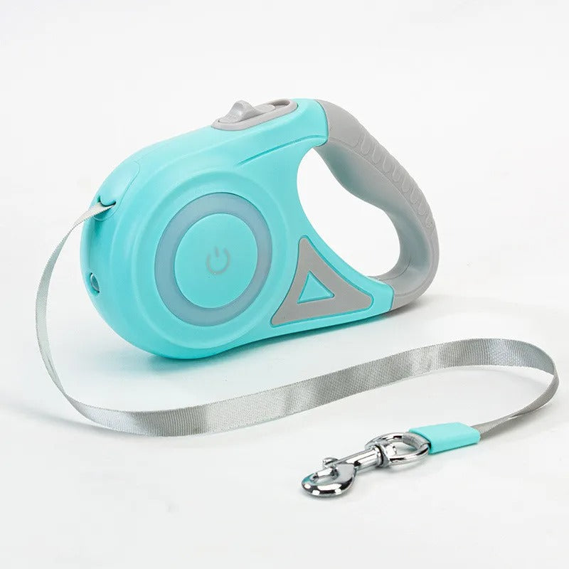 Turquoise and gray retractable dog leash on a white background
