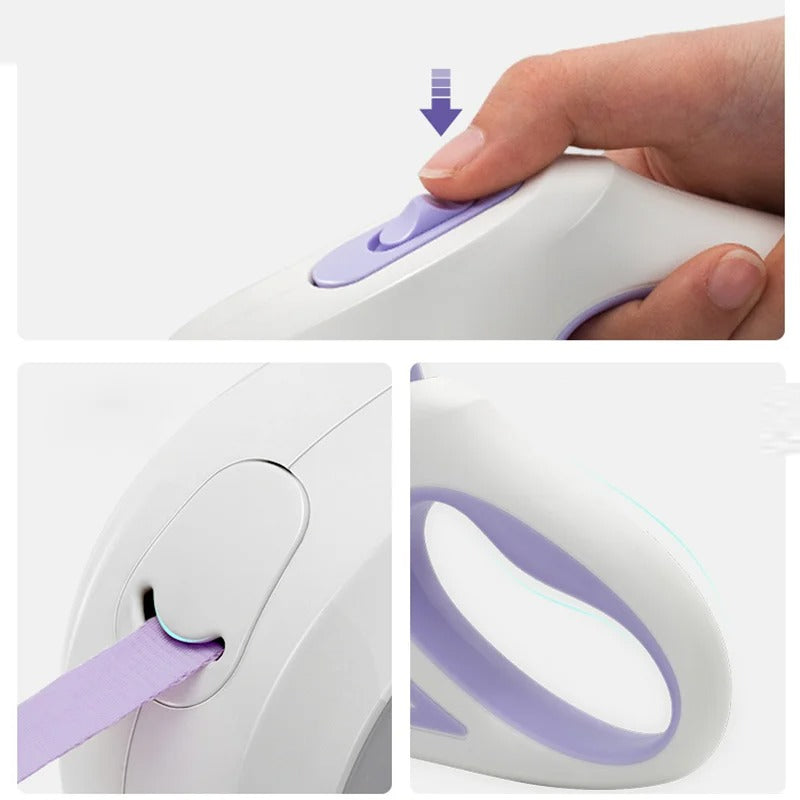 Hand holding a white and purple electronic device with a close-up of the button and design.