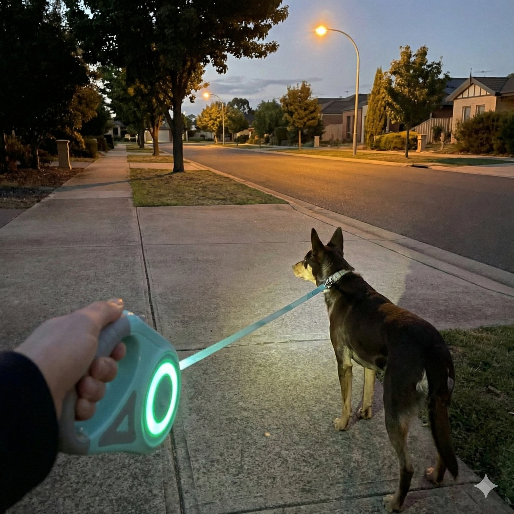 Dog on a leash held by a glowing device on a sidewalk at dusk.