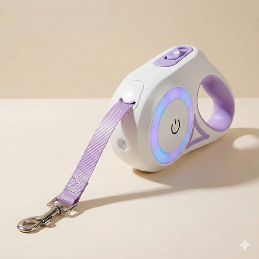 White and purple pet leash dispenser on a beige background