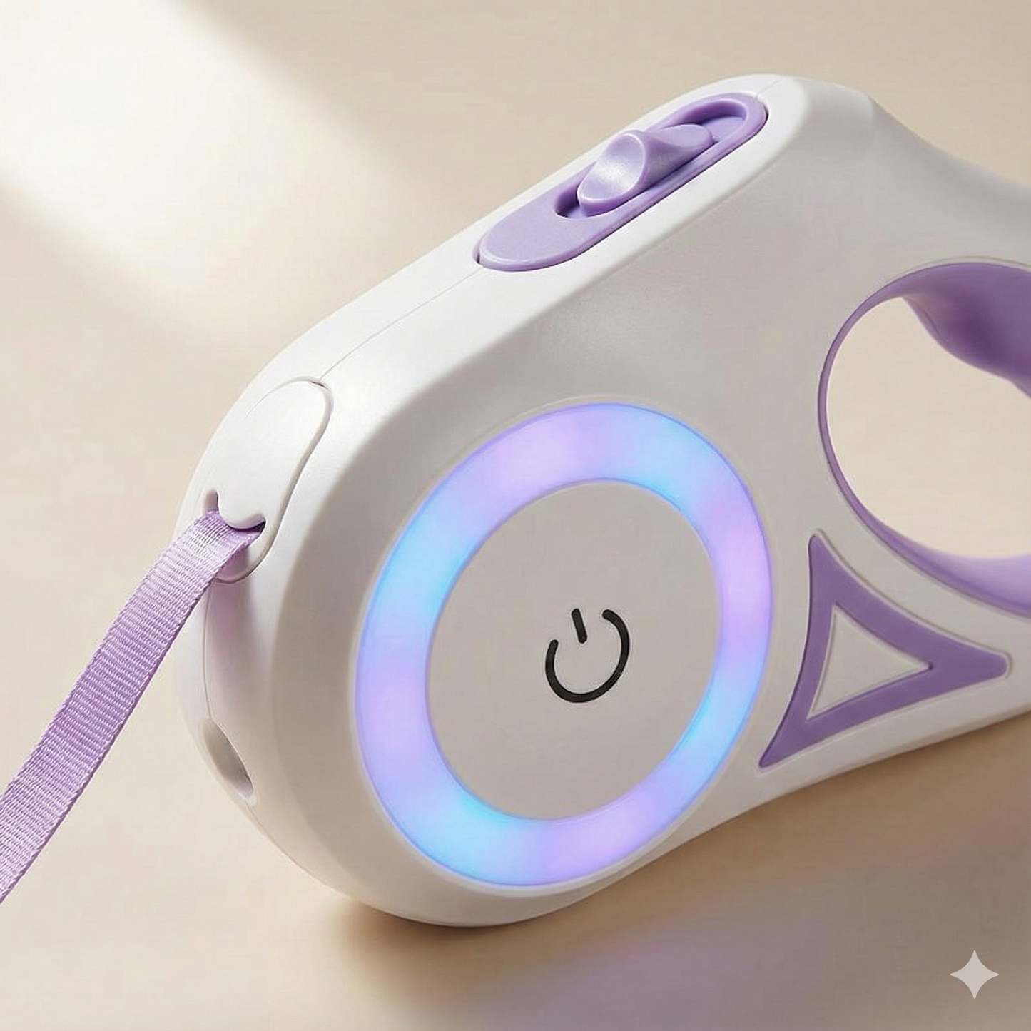 White and purple electronic device with a power symbol and colorful light on a beige background