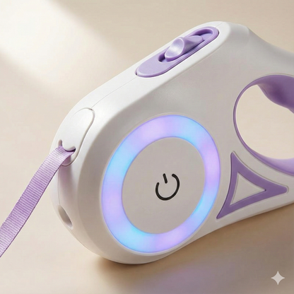 White and purple electronic device with a power symbol and colorful light on a beige background