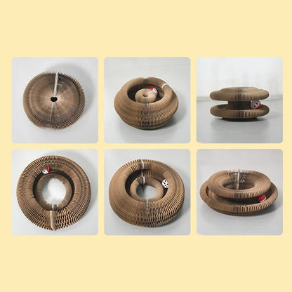 Set of six images showing a brown woven Cat scratcher on a light yellow background