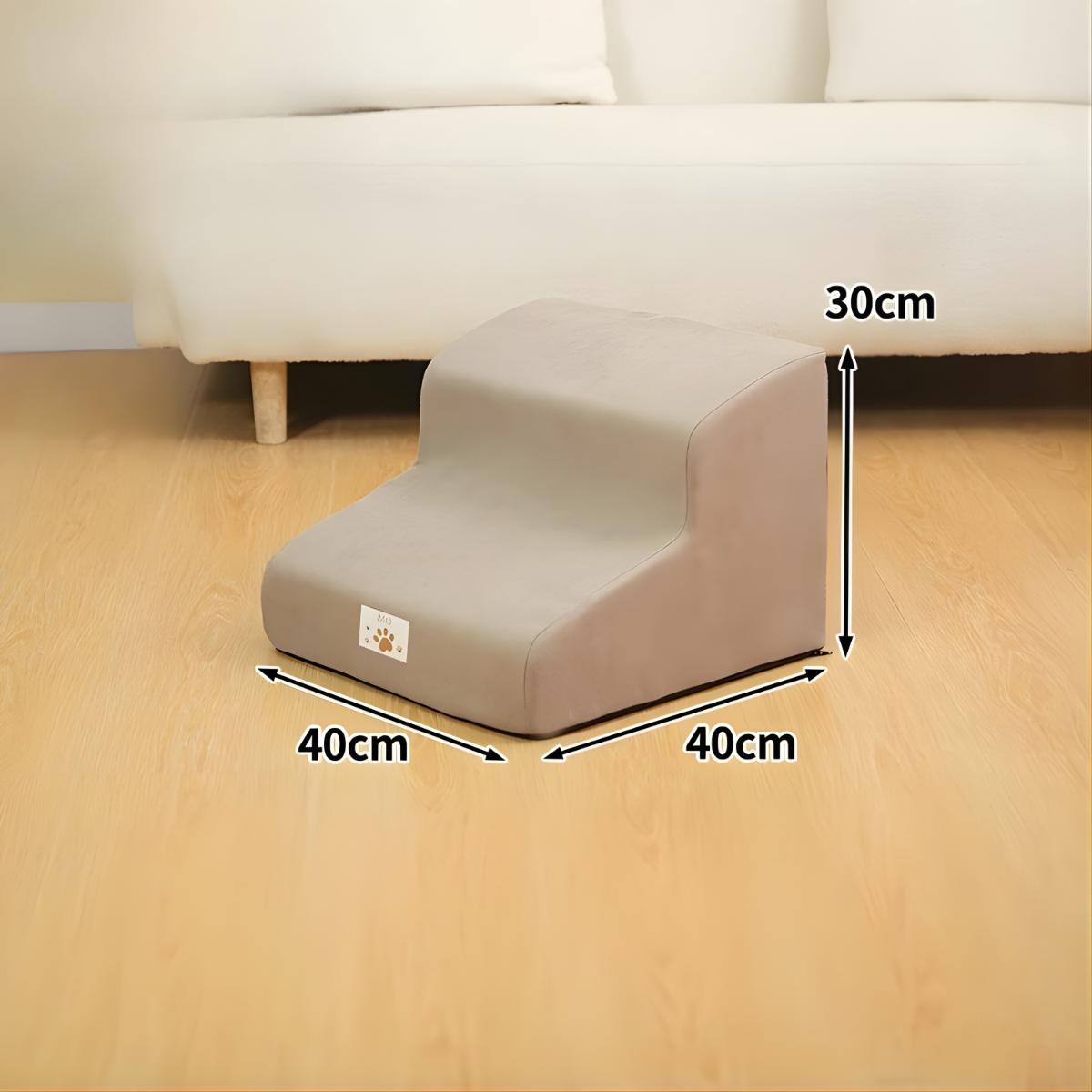 Pet step with dimensions labeled on a wooden floor next to a sofa.