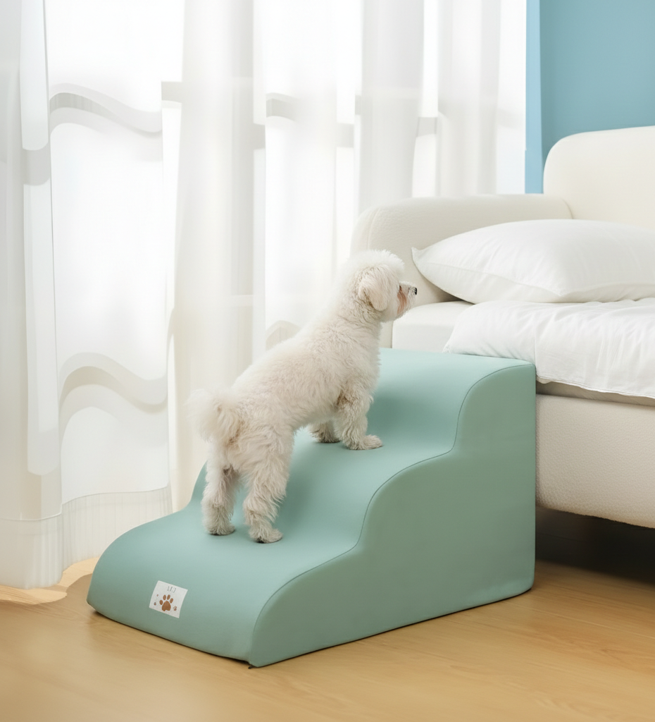 Pet ramp for small dog on a bed in a bright room