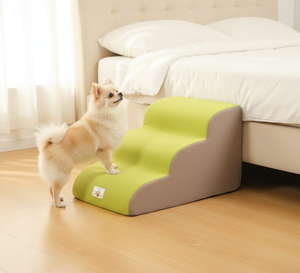 Green pet ramp in front of a bed with a small dog standing on it