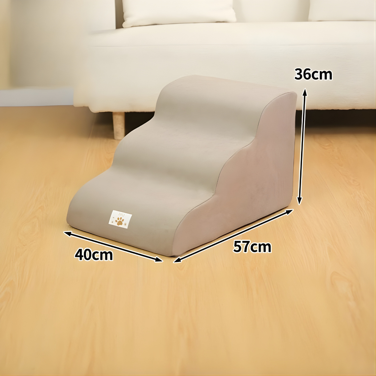 Pet ramp with dimensions on a wooden floor