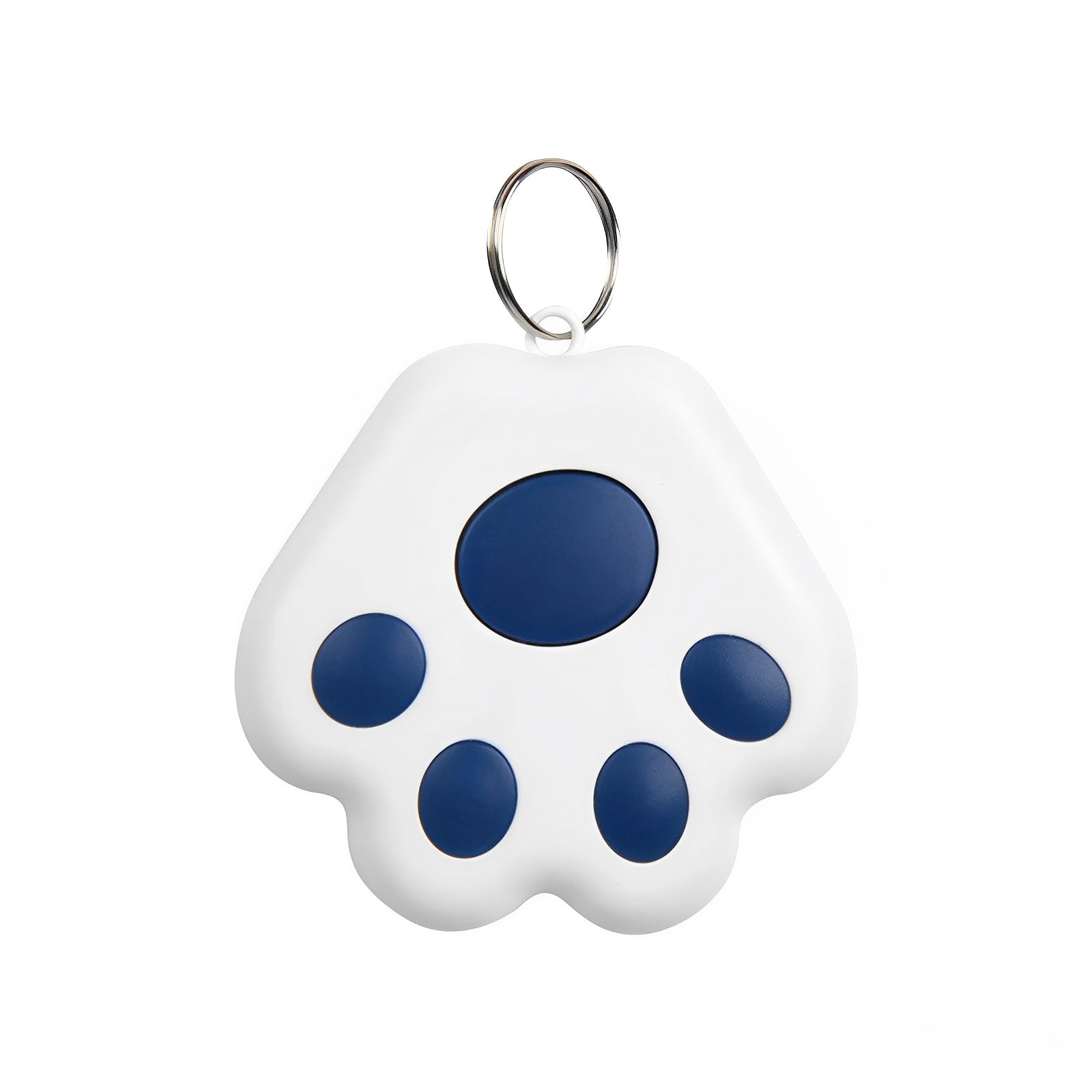 A white and navy blue mini GPS Bluetooth tracker device with a white background