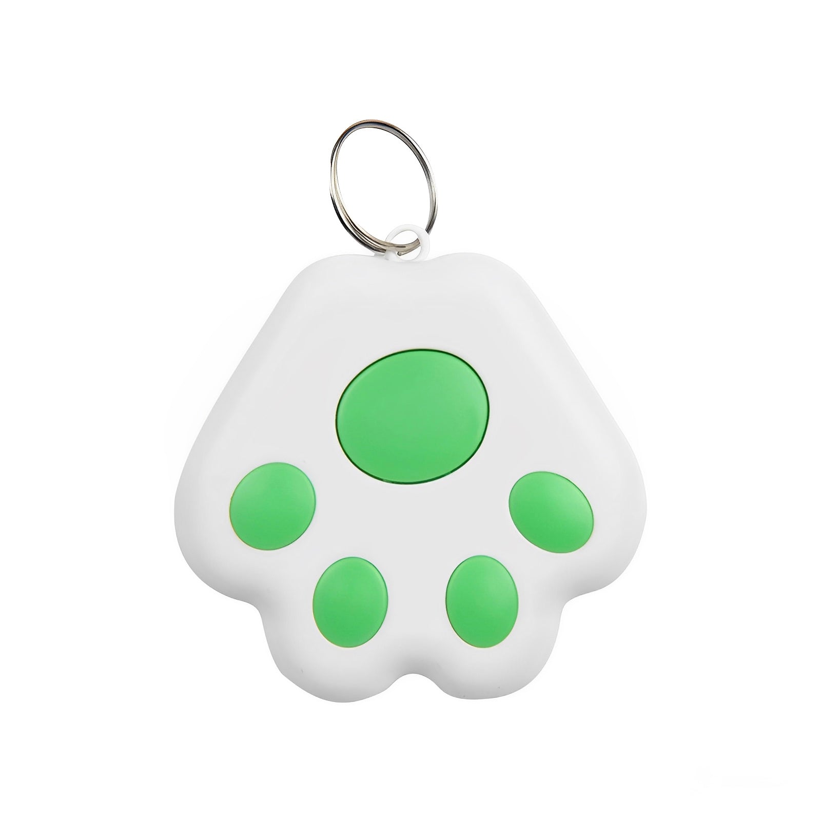 A white and green mini GPS Bluetooth tracker device with a white background