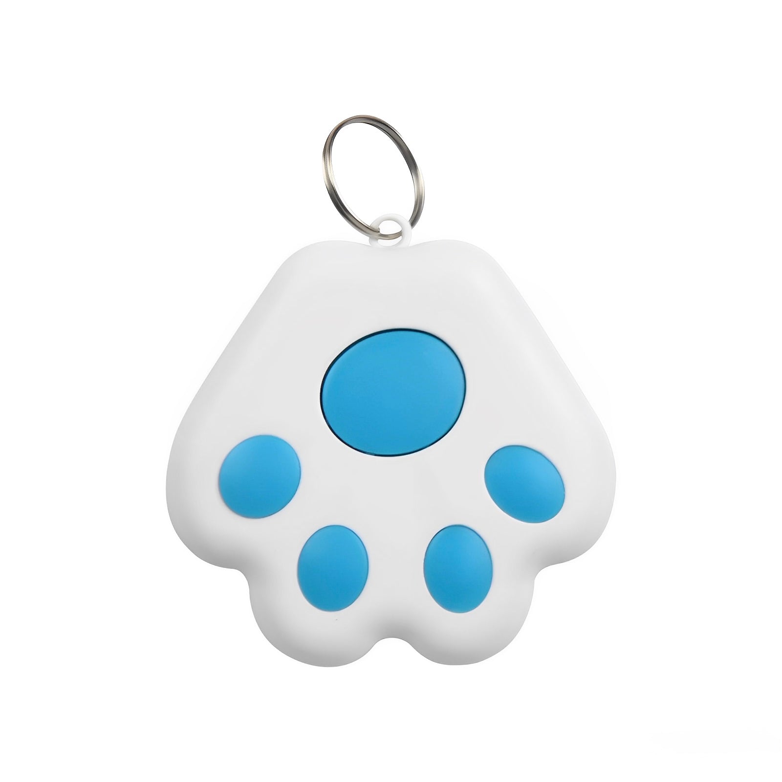 A white and blue mini GPS Bluetooth tracker device with a white background