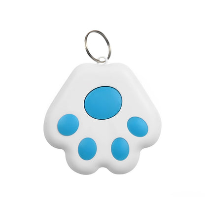 A white and blue mini GPS Bluetooth tracker device with a white background