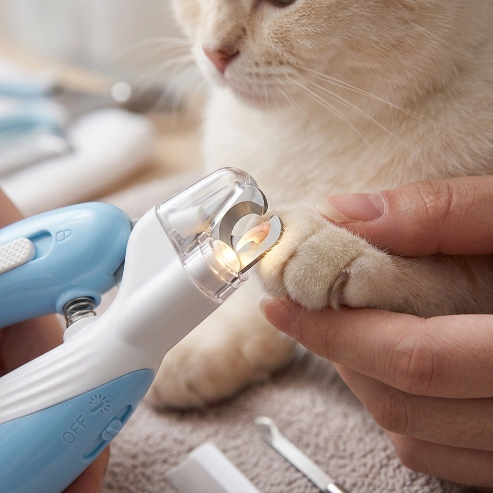 Person using a pet nail trimmer on a cat's paw