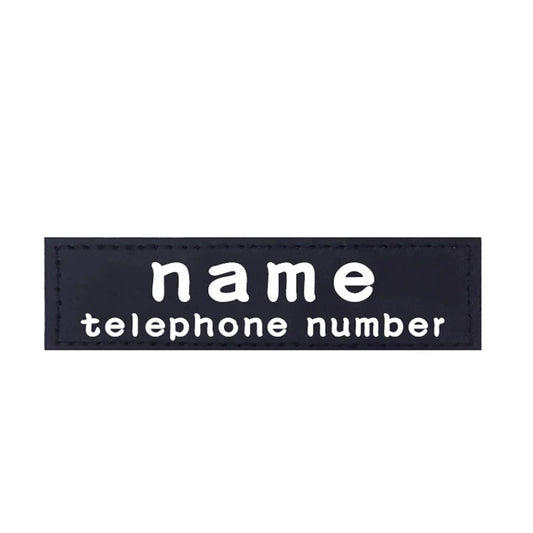 Black rectangular patch with 'name telephone number' text on a white background