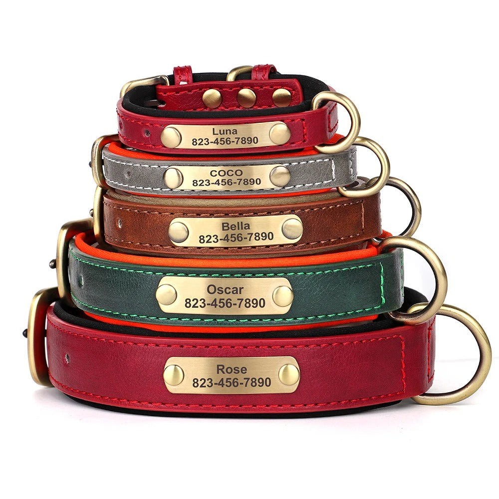 Stack of leather dog collars with engraved names and phone numbers on a white background