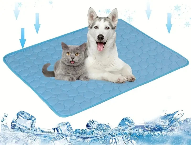 Two pets lying on a blue cooling pad with ice cube graphics.