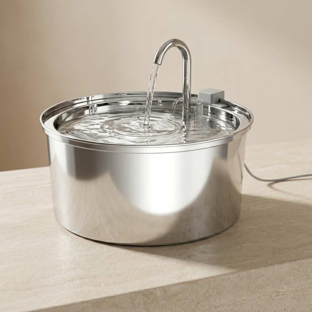 Stainless steel pet water fountain on a beige surface