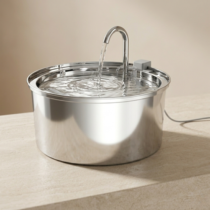 Stainless steel pet water fountain on a beige surface